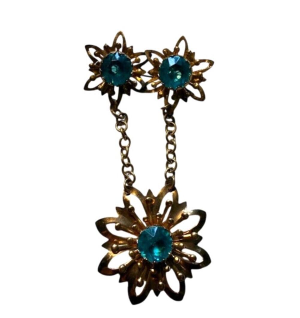 Vintage Gold Tone Chatelaine Flower Brooch Aqua Blue Rhinestones Pin